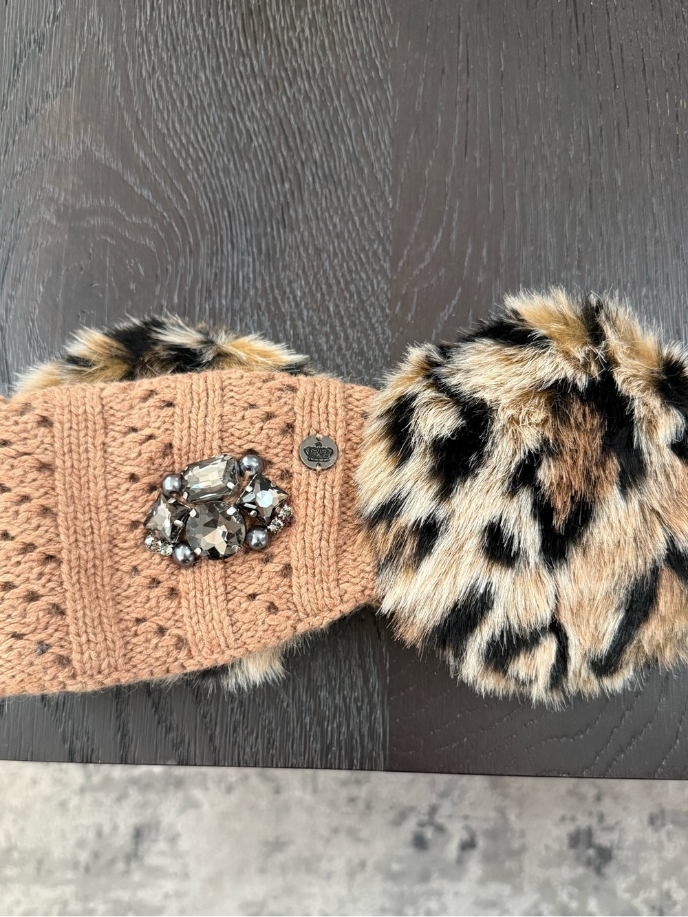 Juicy Couture Camel Knit Headband with Leopard Print Faux Fur Ear Muffs